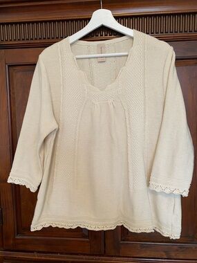 Skovhuus Made in Denmark Cream Knit Peasant Top Sweater cable picot edge XL
